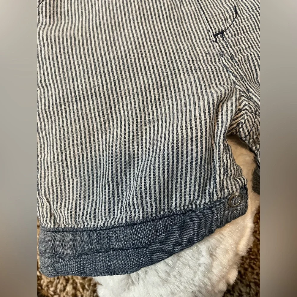 🐳 OSHKOSH Blue stripe Nautical Baby Romper 1pc w button center + SHOES SZ 12M